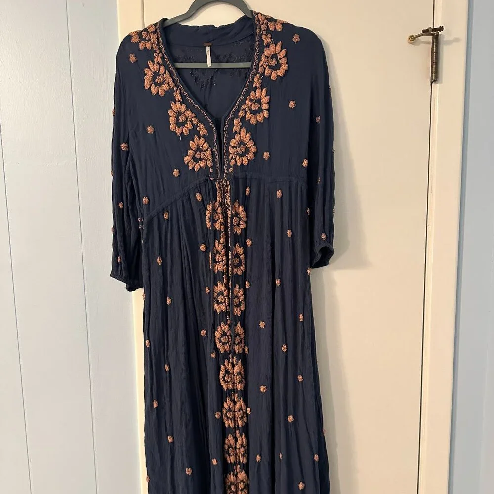 🩵Free People Dress Pink Embroidery V-neck Drawstring Midi Maxi Dress Size Small - Picture 5 of 8